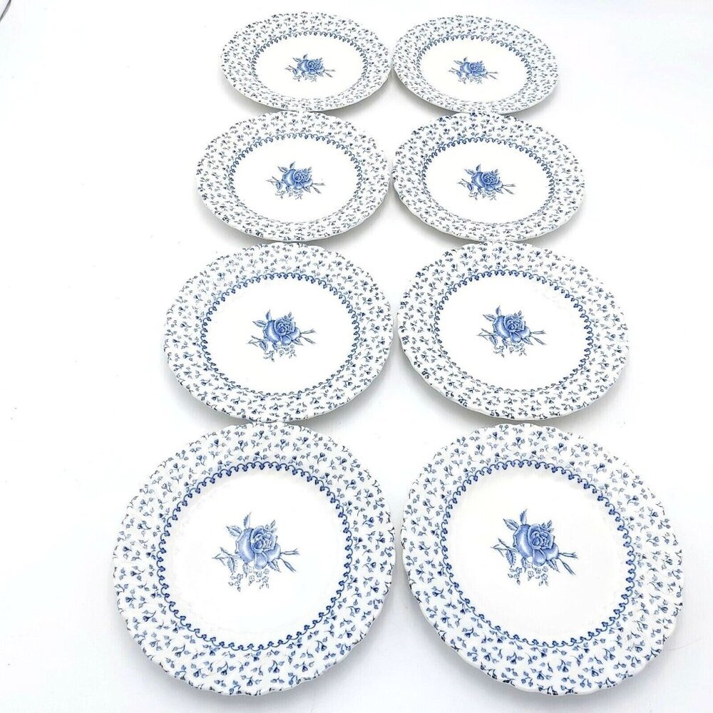 JOHNSON BROS Rose Bouquet Blue Set of 8 Bread Plates VINTAGE 6-7/8"-Discontinued